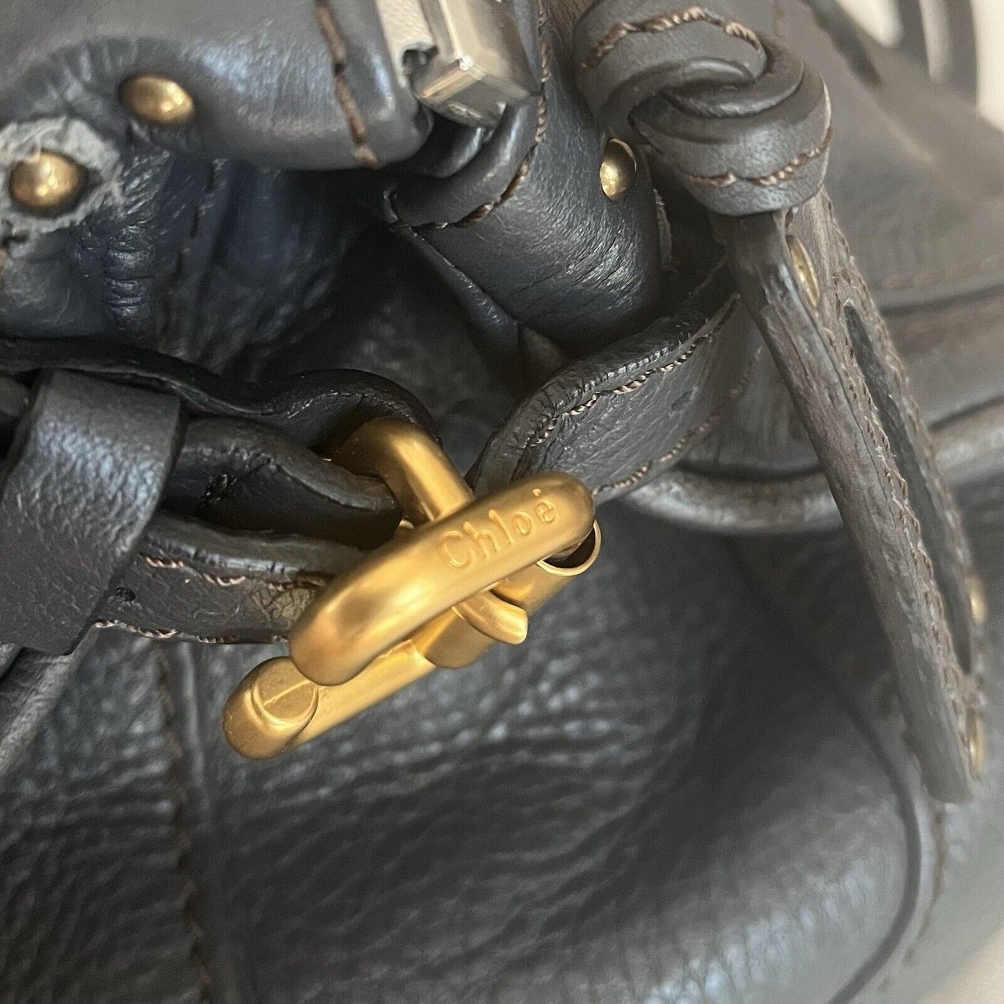 Chloe paddington leather hand bag dark gray leather medium padlock key card f s