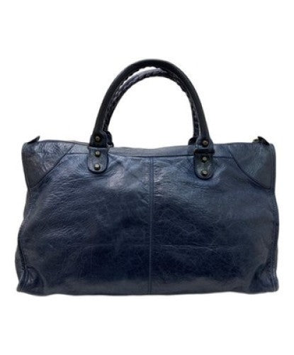 Auth Balenciaga The Work City Tote Bag Navy Blue Leather Handbag 132110 Italy