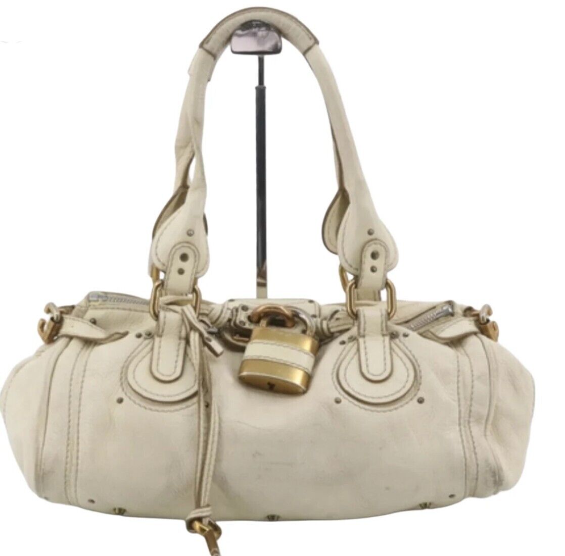 Chloe paddington leather shoulder bag with lock gold hardware ivory beige