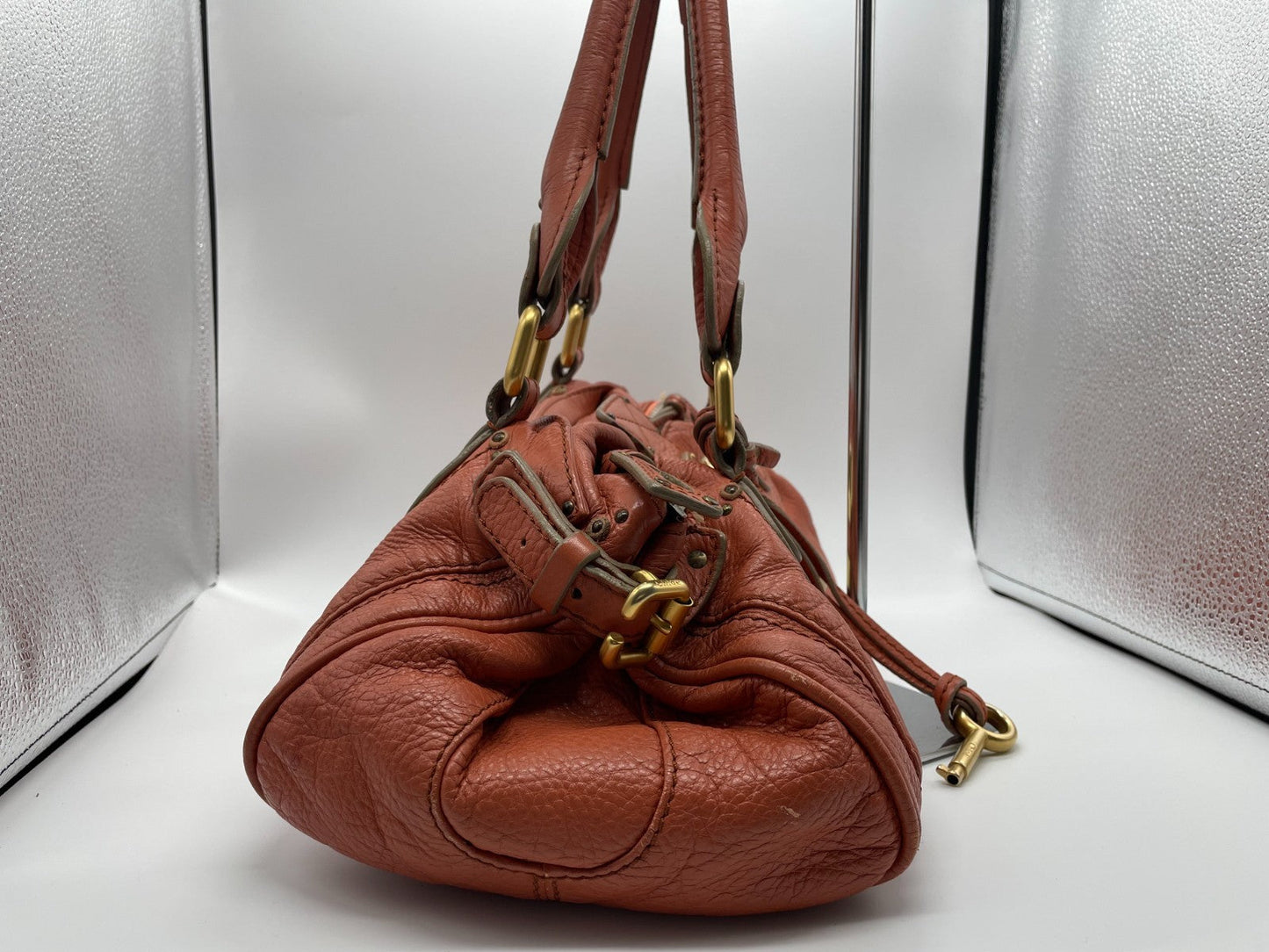 Chloe Paddington Handbag Shoulder Bag Red Orange Padlock Leather Key Auth 251010