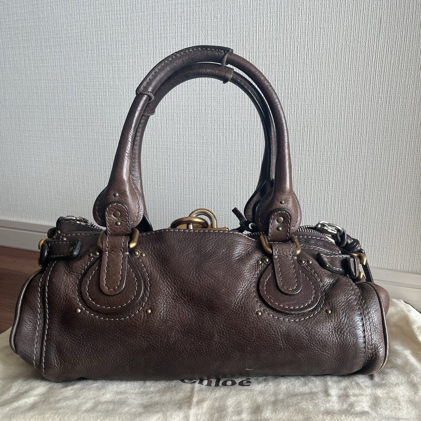 Chloe paddington leather hand bag dark brown leather medium padlock key f s
