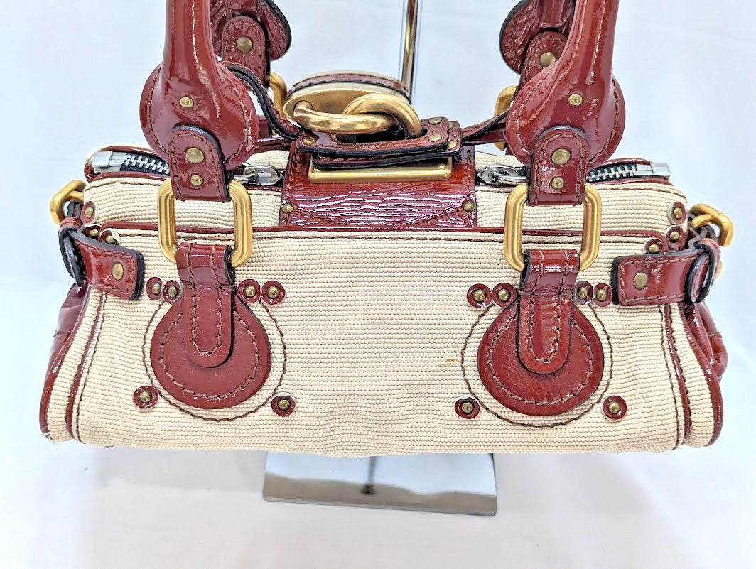 Chloe Paddington Leather Padlock Key Tote Shoulder Bag Red Ivory Women's Auth