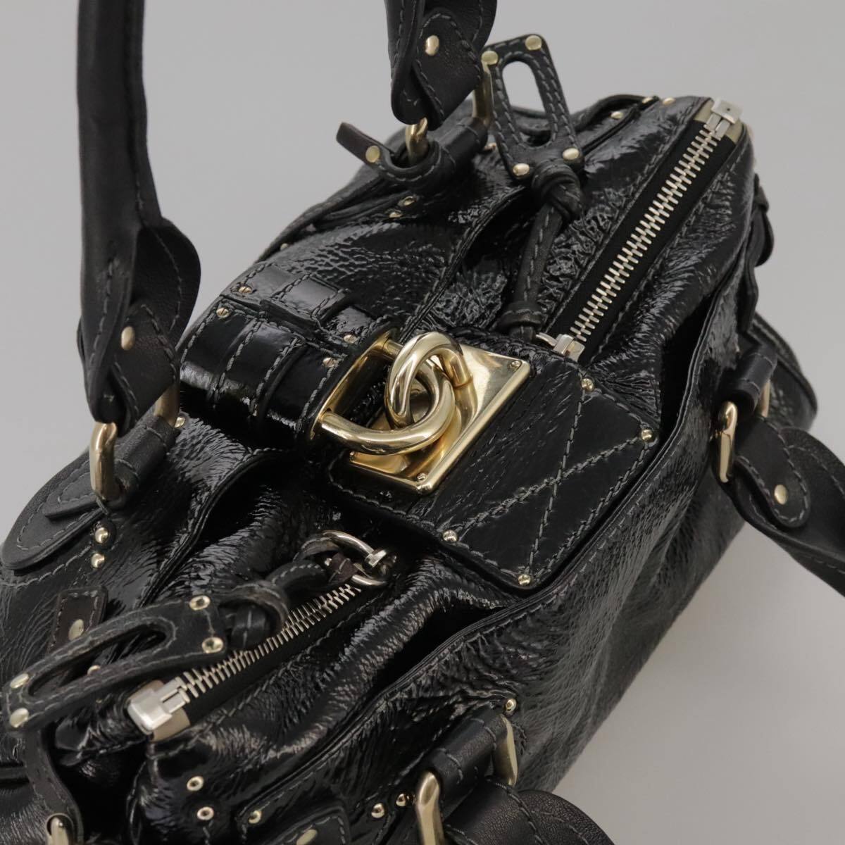 Chloe paddington hand bag enamel black auth mr780
