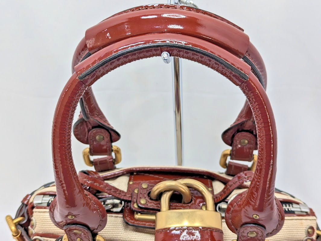 Chloe Paddington Leather Padlock Key Tote Shoulder Bag Red Ivory Women's Auth