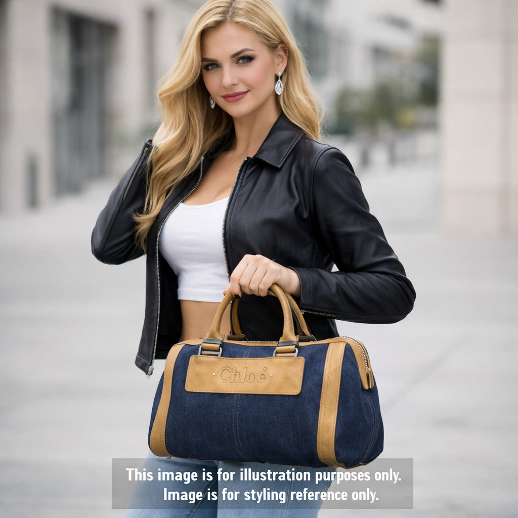 Chloé Authentic Denim Canvas Boston Bag with Leather Trim Embossed Logo