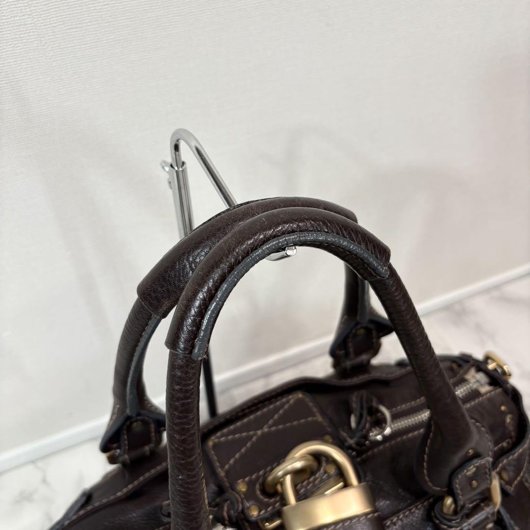 Chloe paddington hand bag leather dark brown with padlock key used authentic