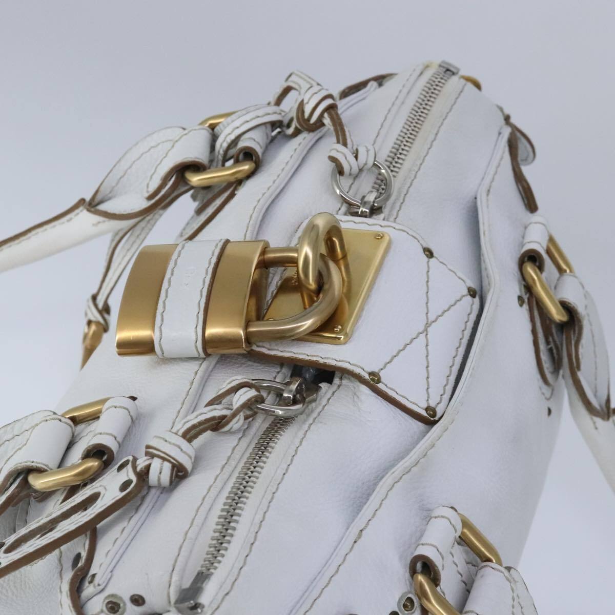 Chloe paddington hand bag leather white gold silver auth am7275