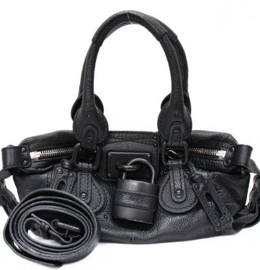 Chloe Paddington Mini 2Way Handbag Shoulder Bag Leather ALL Black Padlock No Key