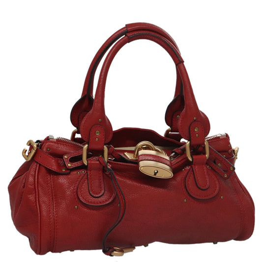 Chloe paddington hand bag leather red gold silver auth am7383