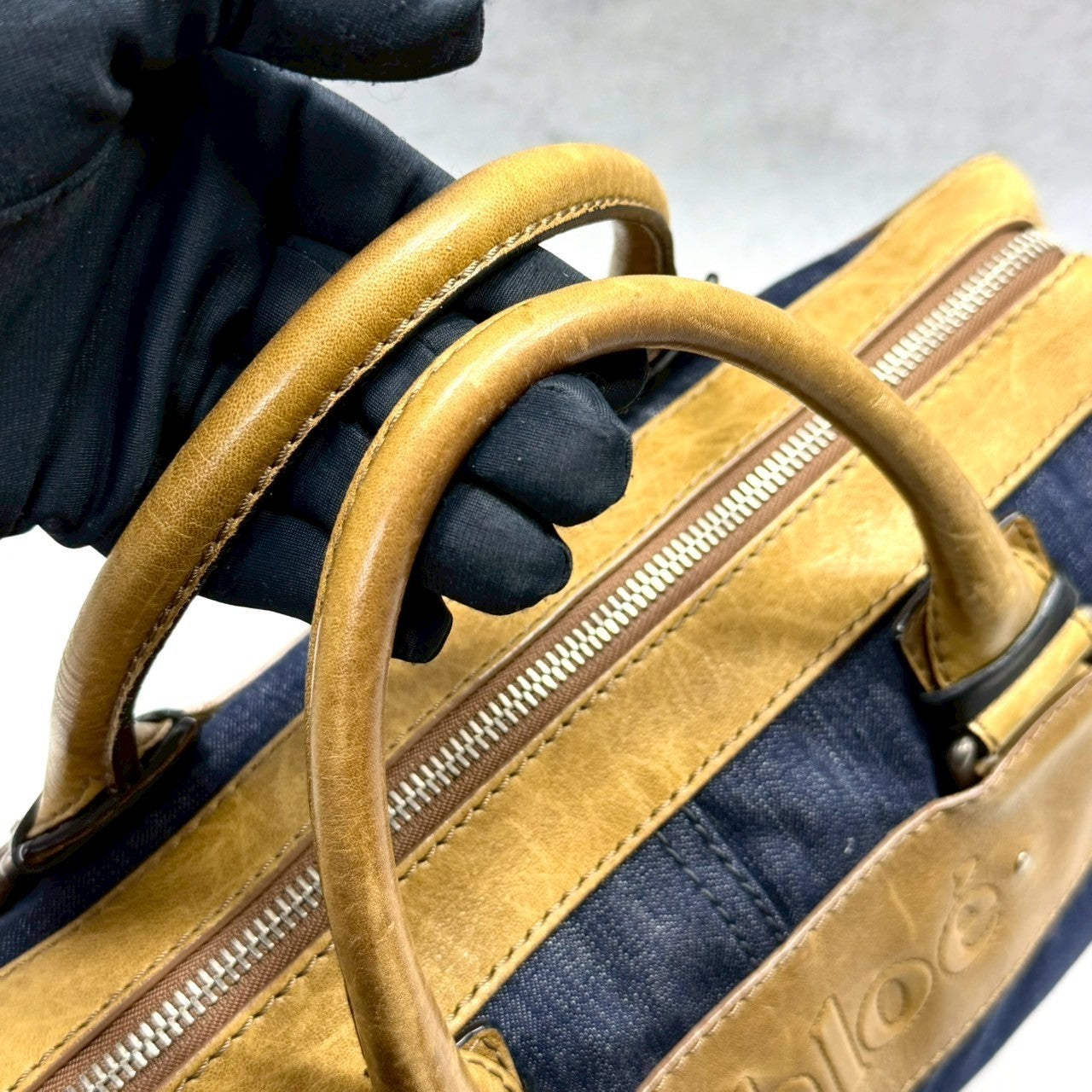 Chloé Authentic Denim Canvas Boston Bag with Leather Trim Embossed Logo