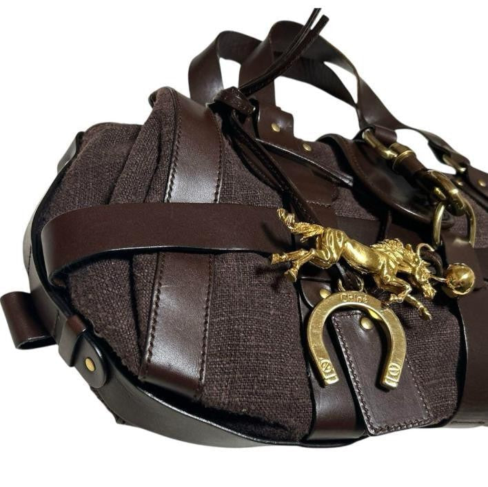 RARE Chloe Kerala brown Canvas Leather Handbag Tote Bag Gold Horse Charm