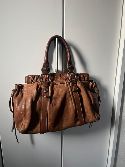 MIU MIU Vitello Lux Brown Leather Handbag Gold Hardware Ladies Elegant 2Way