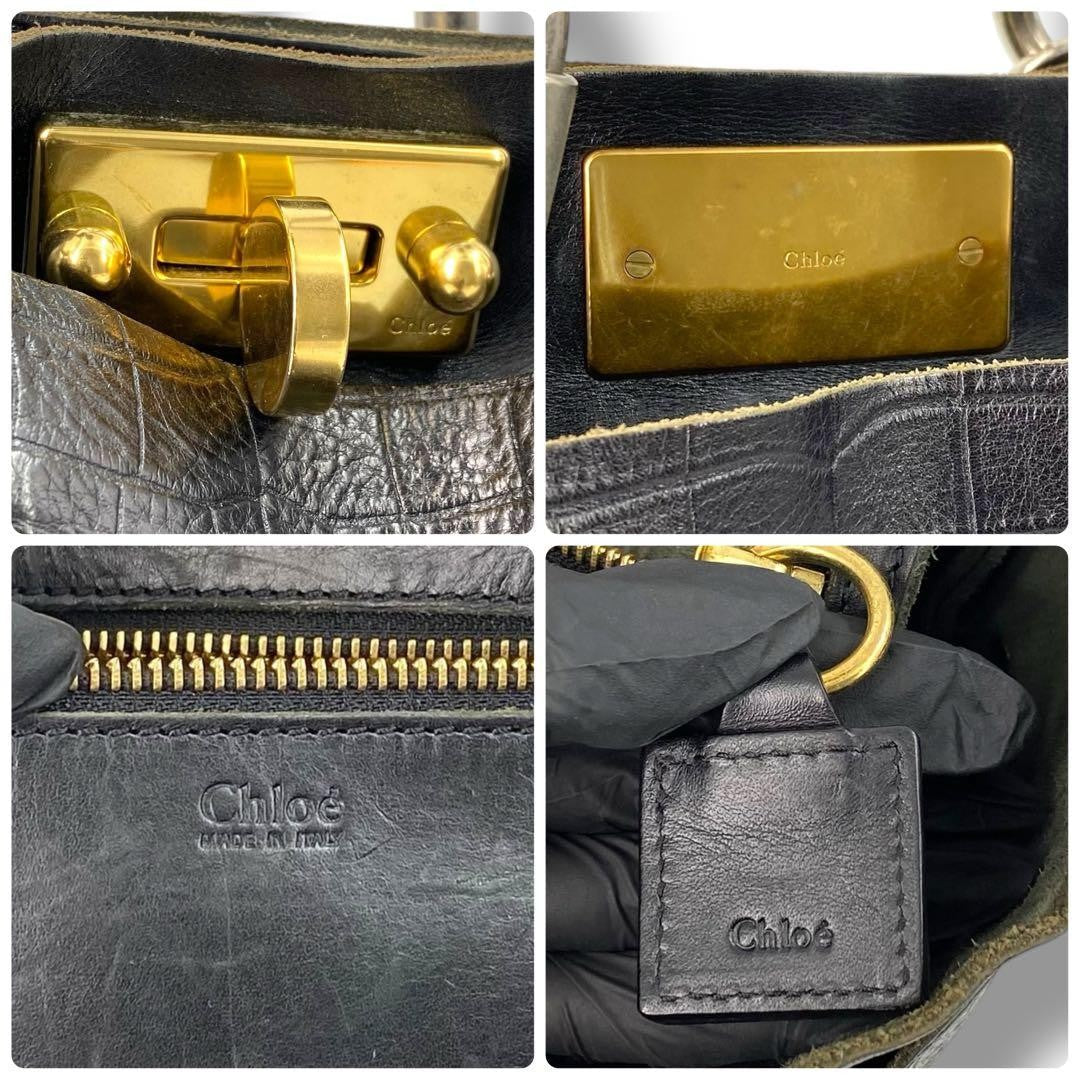 Auth Chloe Black Leather Turn Lock Tote Bag Vintage Shoulder Bag A4 Large Japan