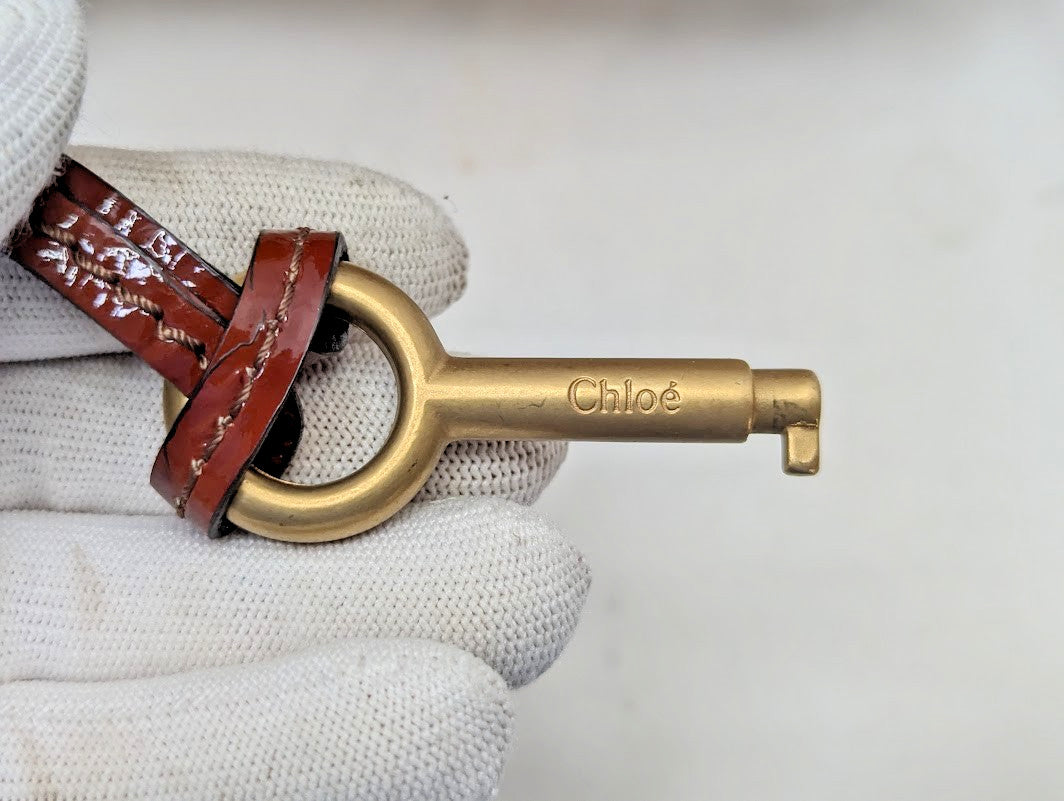 Chloe Paddington Leather Padlock Key Tote Shoulder Bag Red Ivory Women's Auth