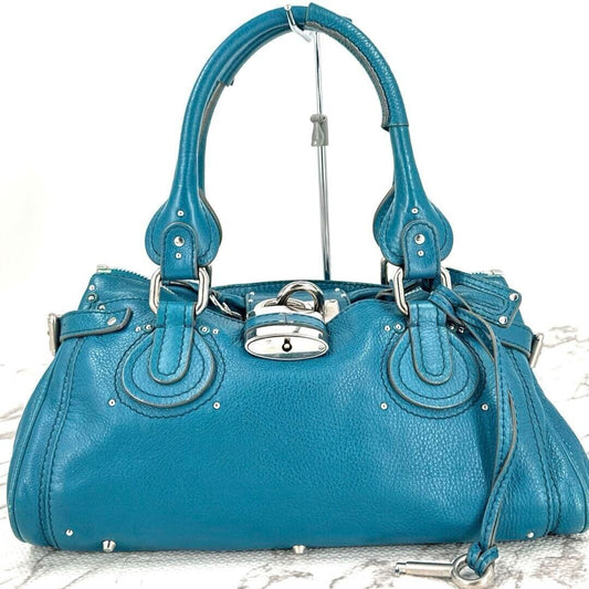 Chloe paddington silver padlock key hand bag blue leather used 2501m