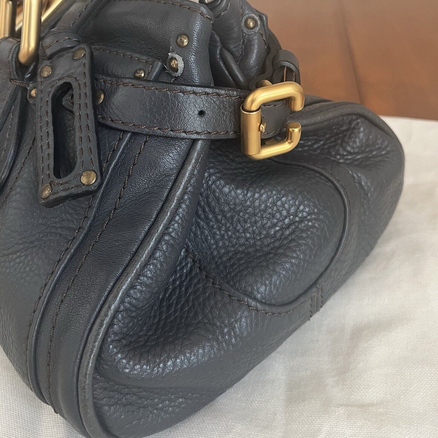 Chloe paddington leather hand bag dark gray leather medium padlock key card f s