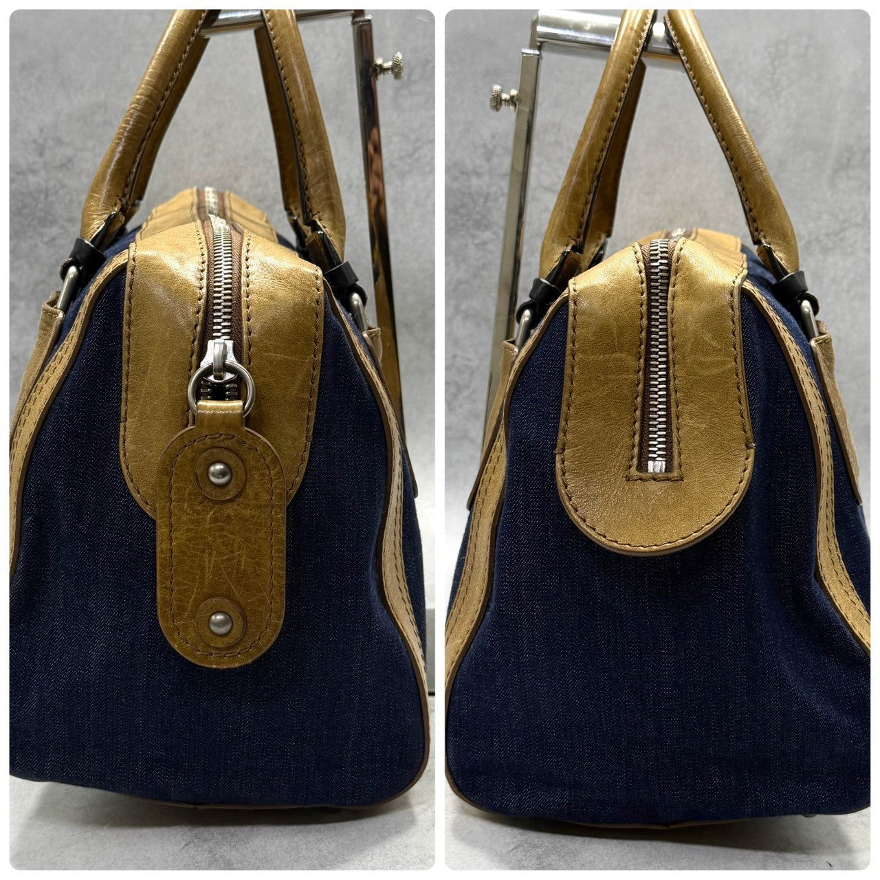 Chloé Authentic Denim Canvas Boston Bag with Leather Trim Embossed Logo