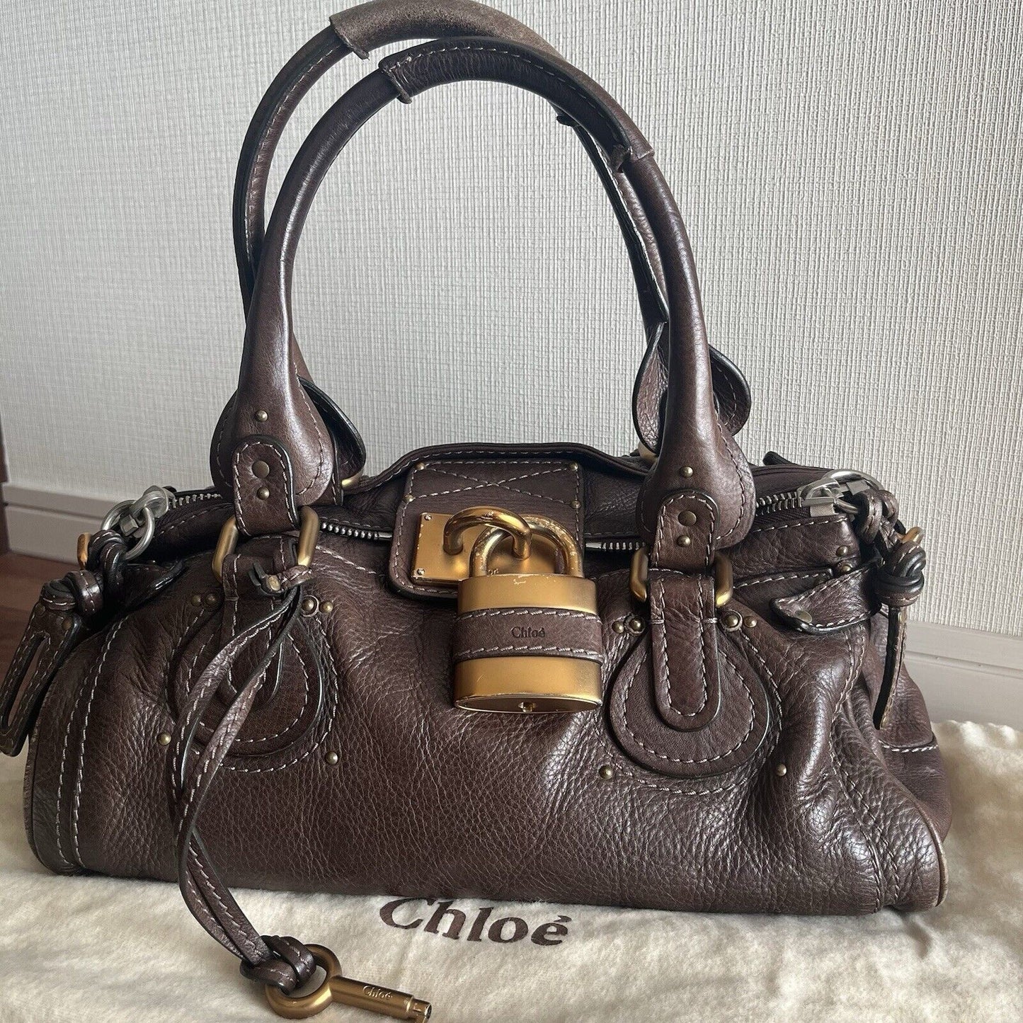 Chloe paddington leather hand bag dark brown leather medium padlock key f s