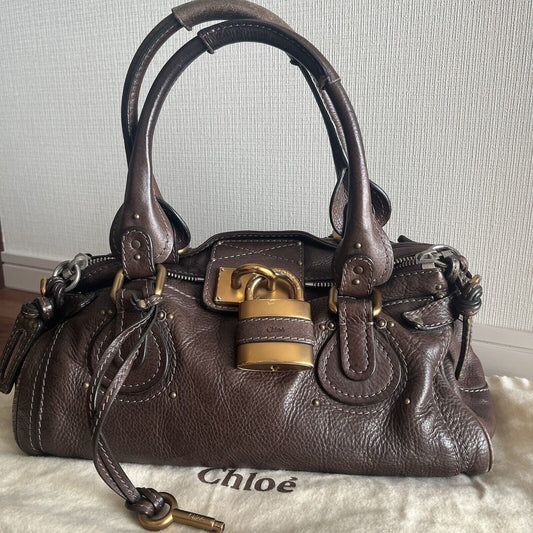 Chloe paddington leather hand bag dark brown leather medium padlock key f s