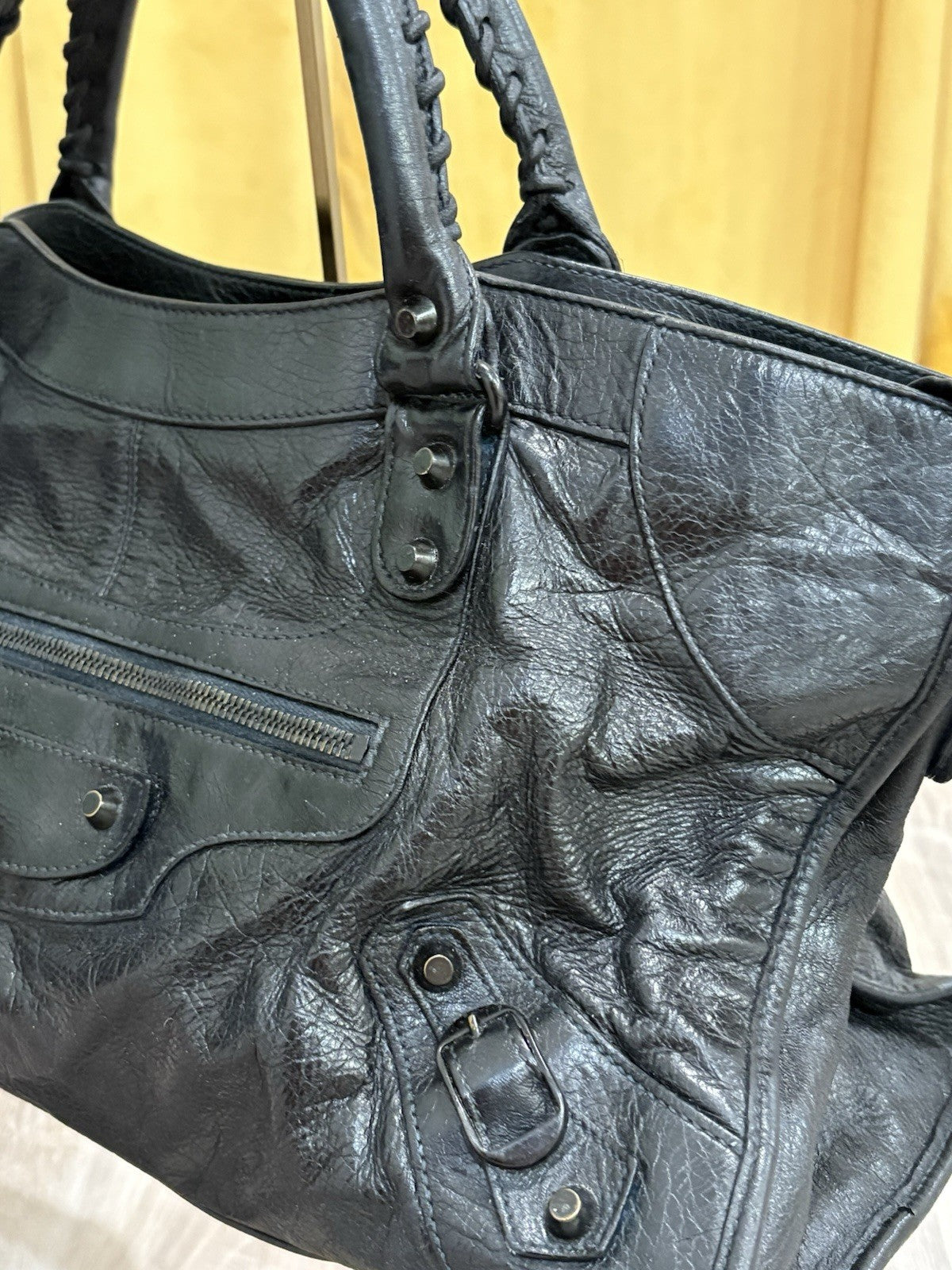 Balenciaga Black Biker Bag Distressed Shoulder Bag Mirror Studded Tassel