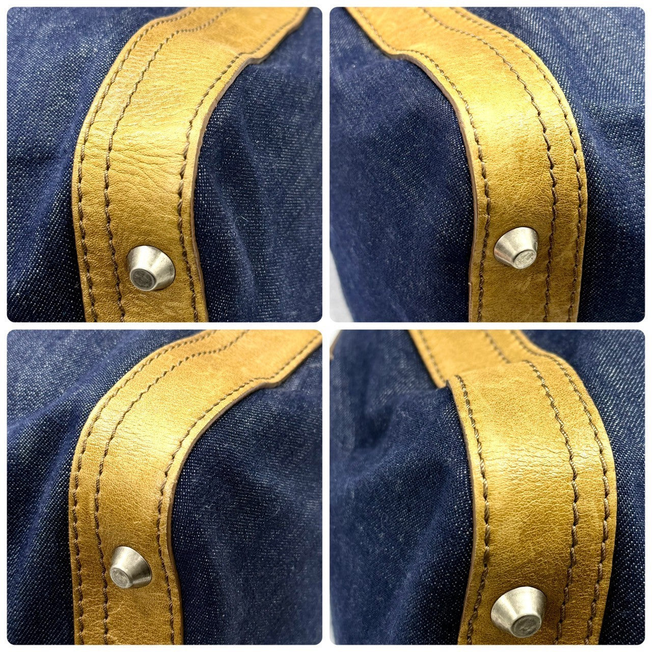 Chloé Authentic Denim Canvas Boston Bag with Leather Trim Embossed Logo