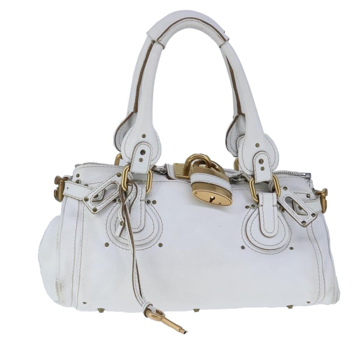 Chloe paddington hand bag leather white gold silver auth am7275