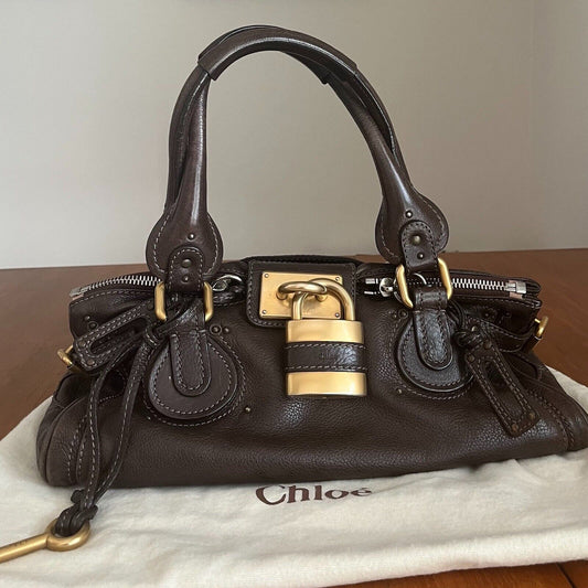 Chloe paddington leather hand bag dark brown leather medium padlock key f s 1