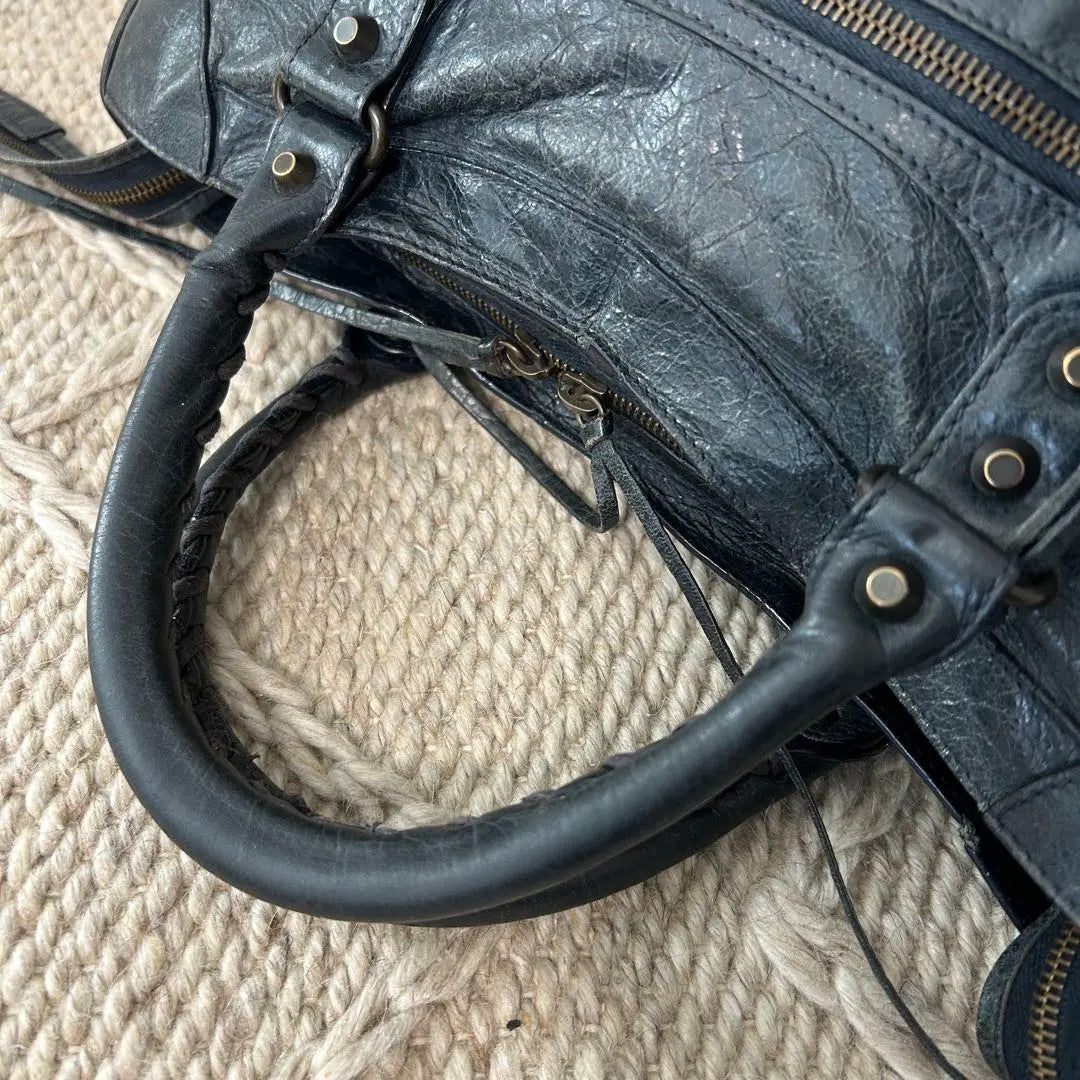 Auth Balenciaga The City 115748 Bag Black Navy leather w/ mirror , strap