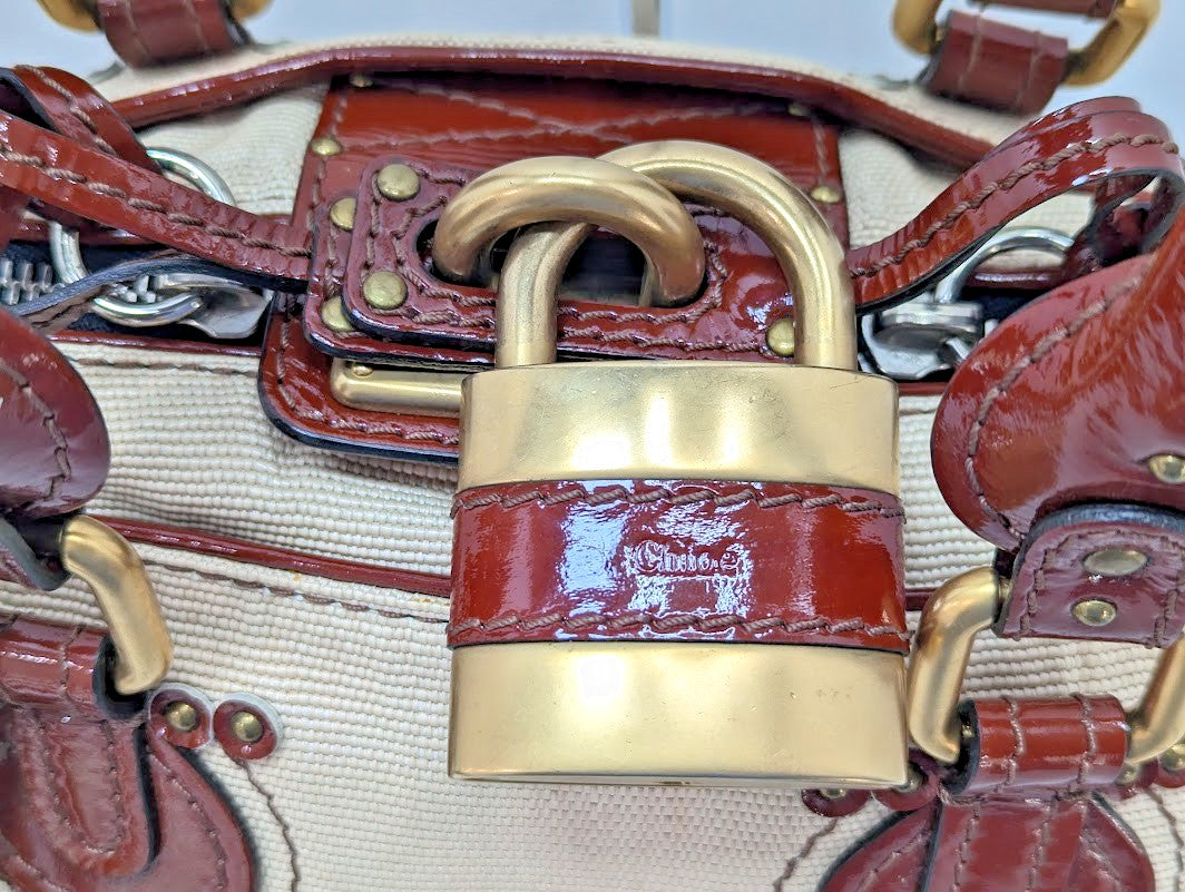 Chloe Paddington Leather Padlock Key Tote Shoulder Bag Red Ivory Women's Auth