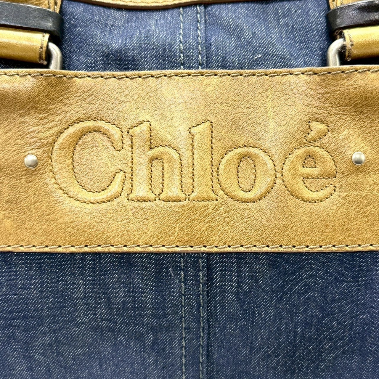 Chloé Authentic Denim Canvas Boston Bag with Leather Trim Embossed Logo