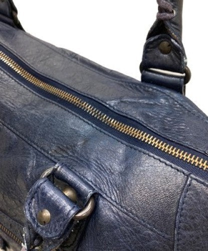 Auth Balenciaga The Work City Tote Bag Navy Blue Leather Handbag 132110 Italy