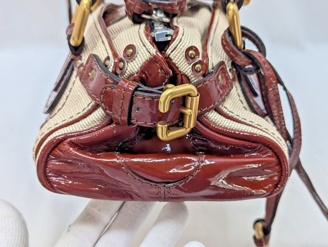 Chloe Paddington Leather Padlock Key Tote Shoulder Bag Red Ivory Women's Auth