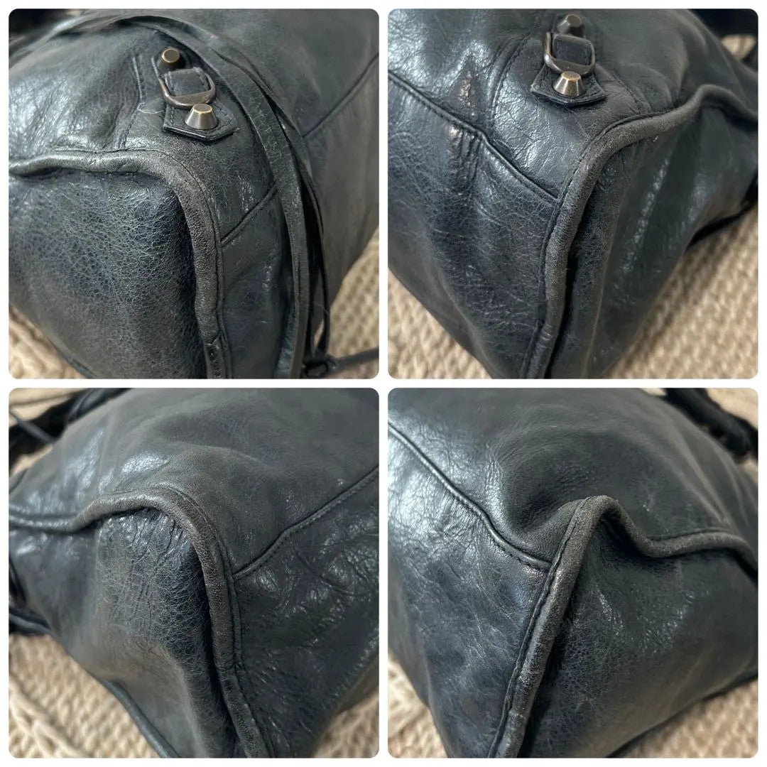 Auth Balenciaga The City 115748 Bag Black Navy leather w/ mirror , strap