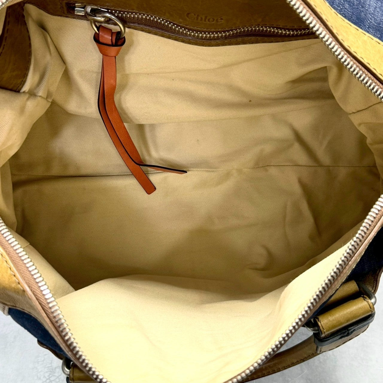 Chloé Authentic Denim Canvas Boston Bag with Leather Trim Embossed Logo