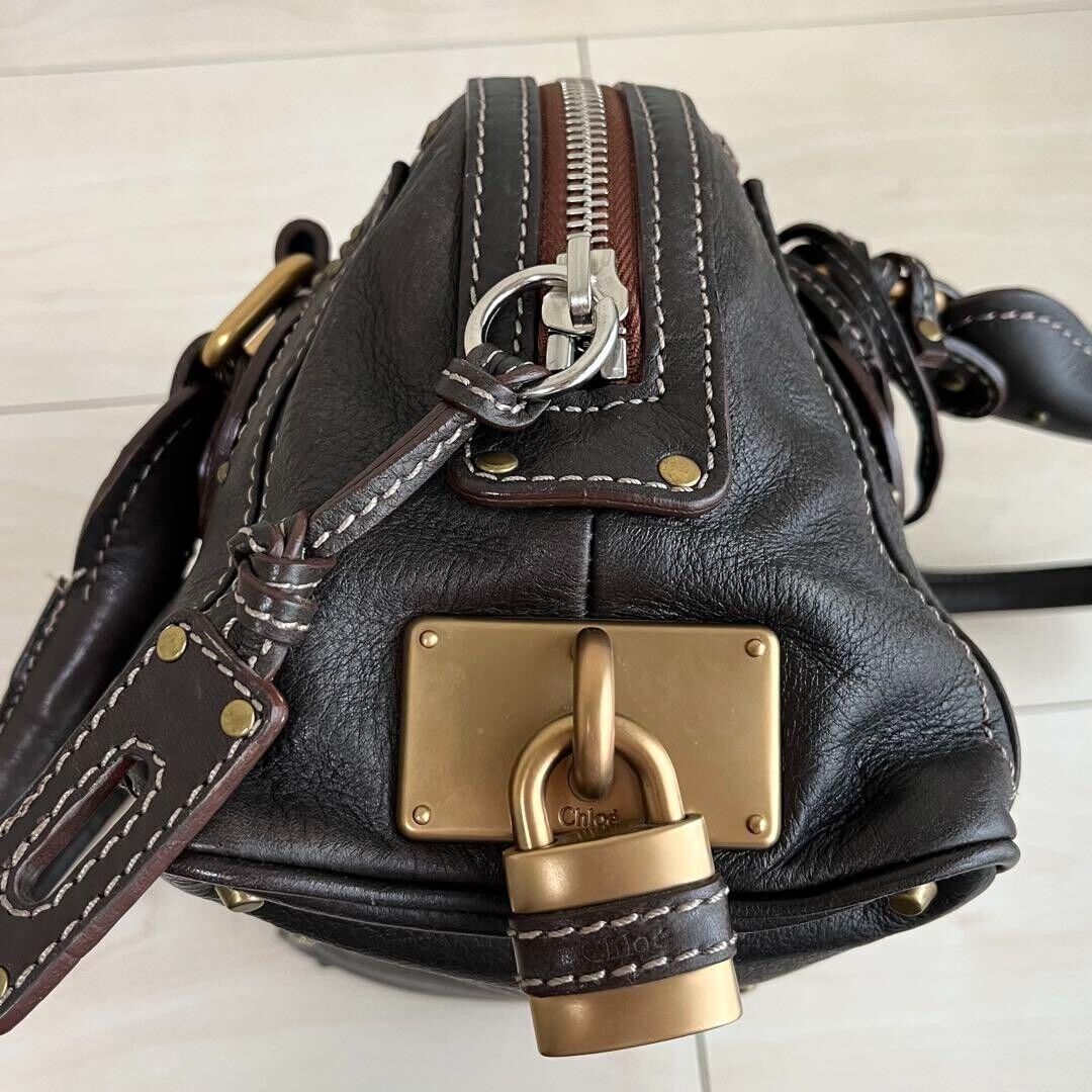 Chloe paddington gold padlock key dark brown hand bag mini boston bag used 2501m