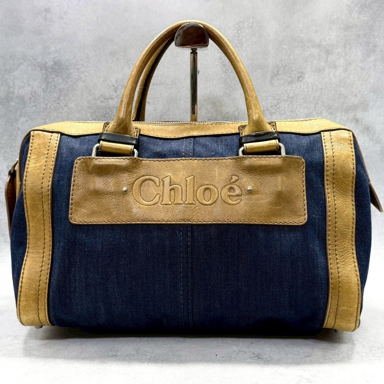 Chloé Authentic Denim Canvas Boston Bag with Leather Trim Embossed Logo