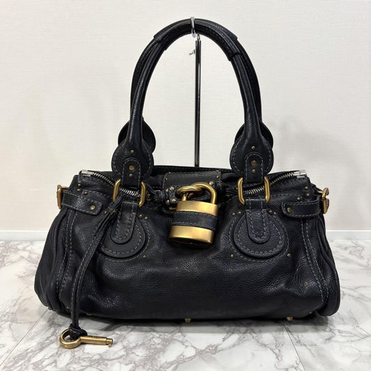 Chloe paddington handbag shoulder bag medium black leather w dustbag 20 36 20cm