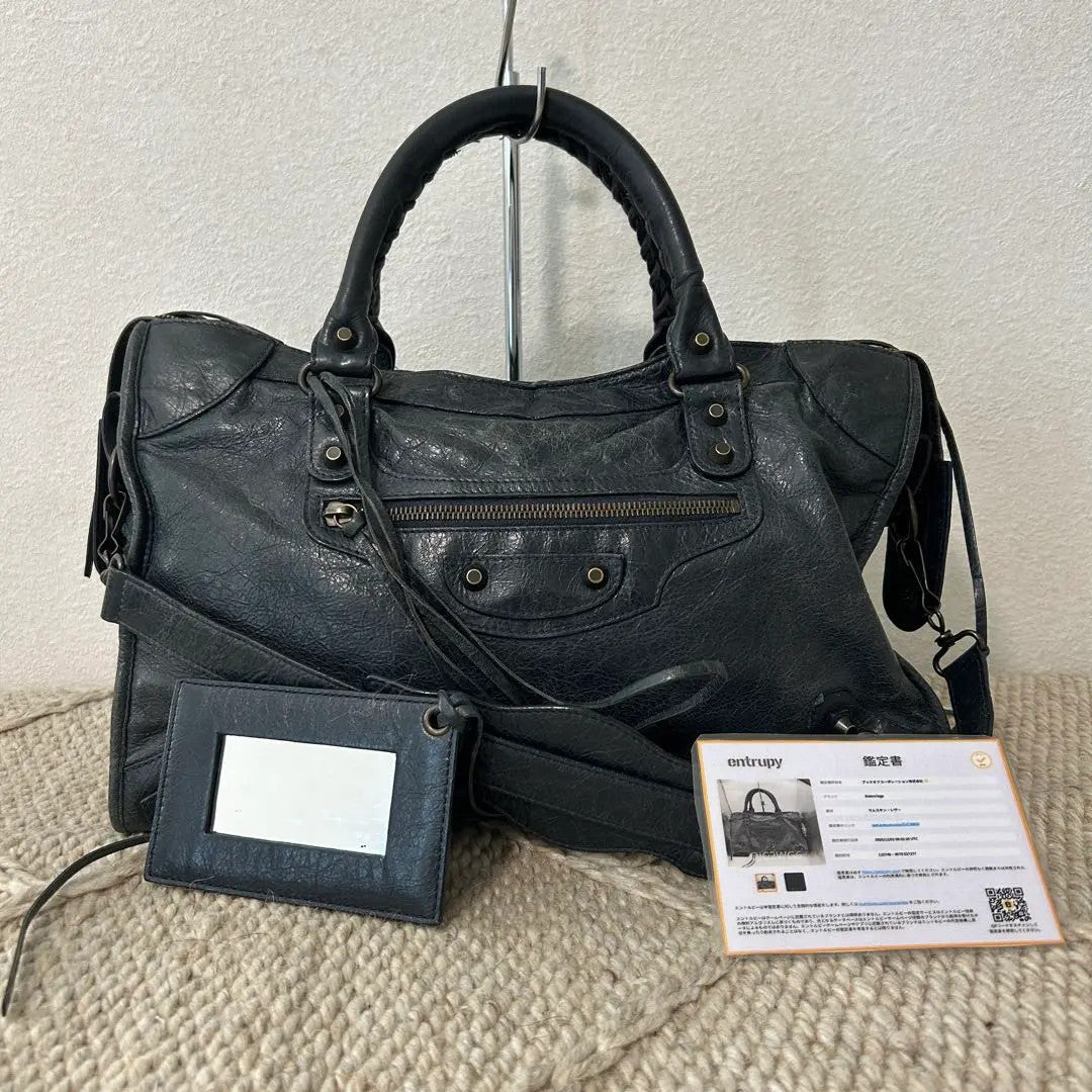 Auth Balenciaga The City 115748 Bag Black Navy leather w/ mirror , strap