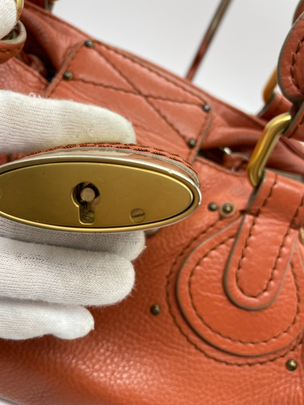 Chloe Paddington Handbag Shoulder Bag Red Orange Padlock Leather Key Auth 251010