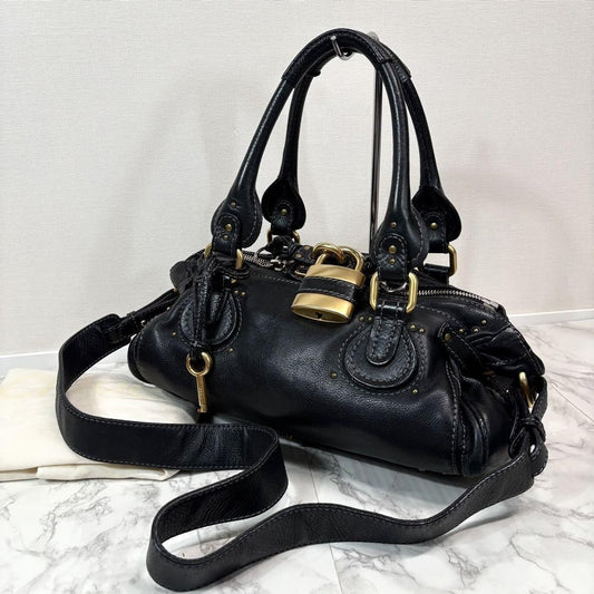 Chloe paddington 2way hand bag shoulder bag leather black padlock key used 32914