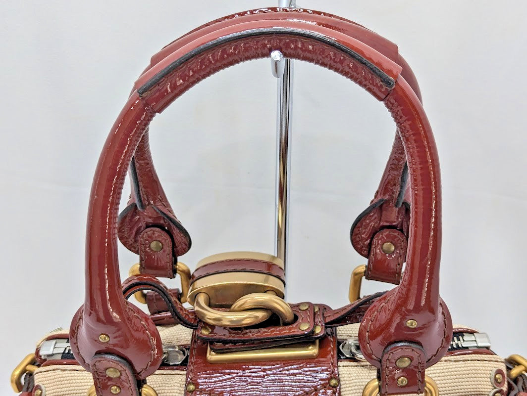 Chloe Paddington Leather Padlock Key Tote Shoulder Bag Red Ivory Women's Auth