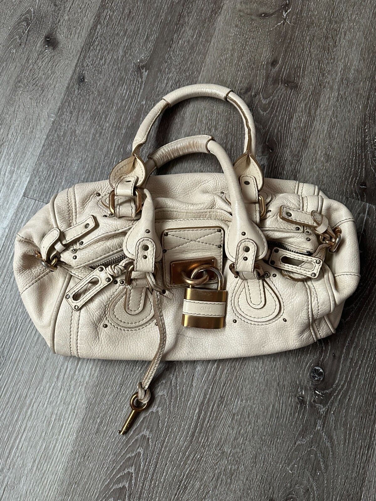 Chloe paddington leather shoulder bag with lock gold hardware ivory beige