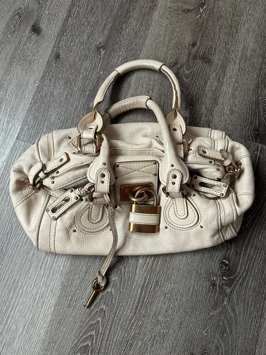 Chloe paddington leather shoulder bag with lock gold hardware ivory beige