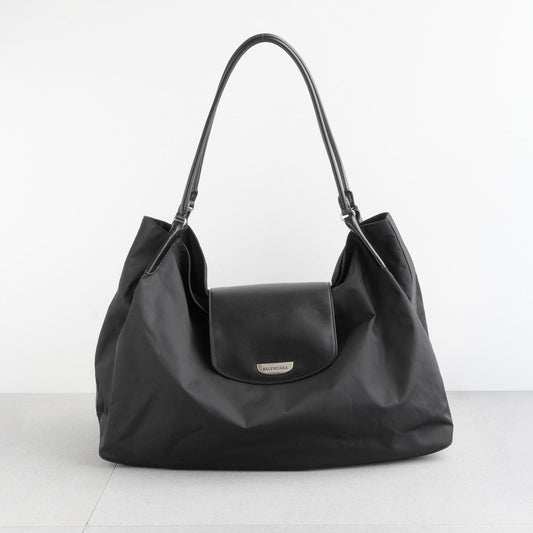 BALENCIAGA Geneve Large Hobo Bag Black Nylon Leather Silver Shoulder Tote 24AW