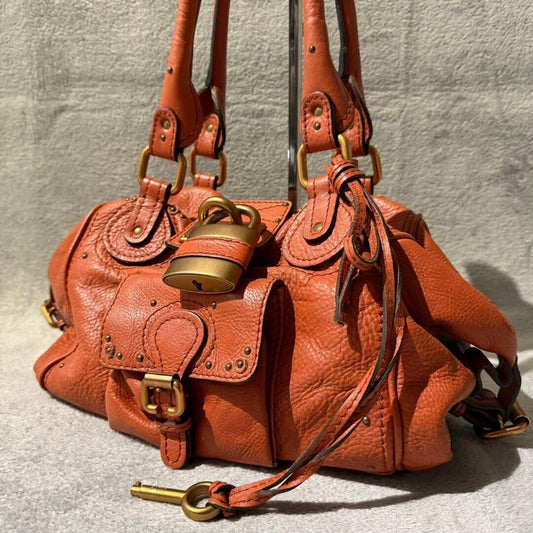 Chloe paddington gold padlock key orange hand bag grained leather used 2501m