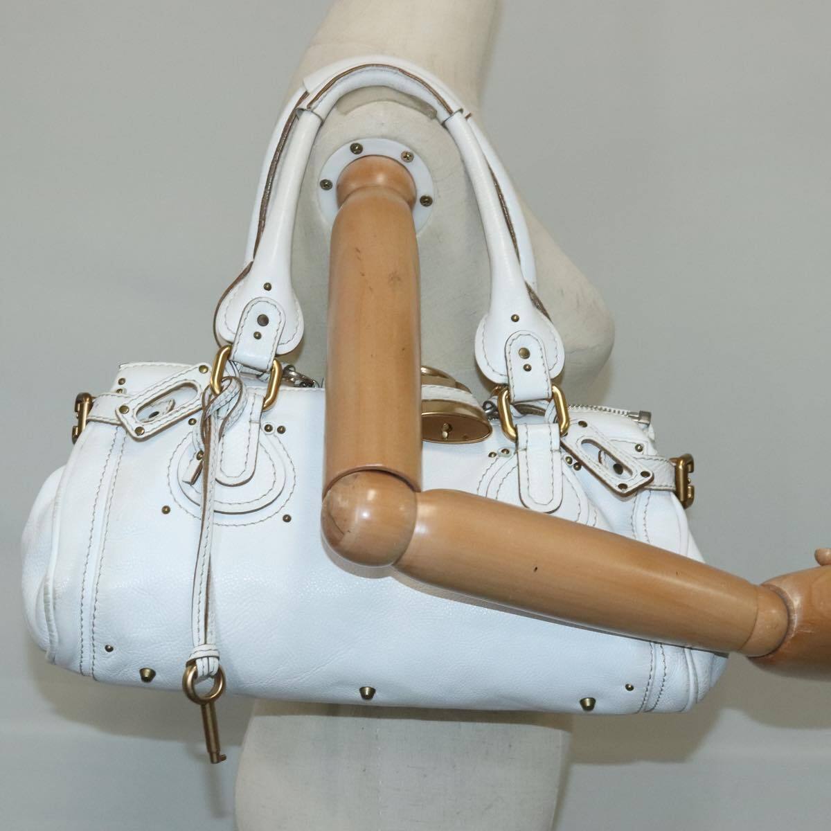 Chloe paddington hand bag leather white gold silver auth am7275